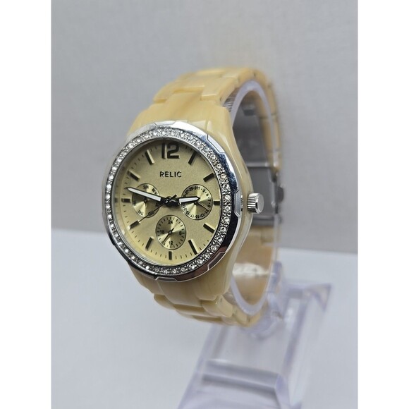 Relic by Fossil Womens Beige Resin Crystal Day Date Quartz Watch New Battery main image 10